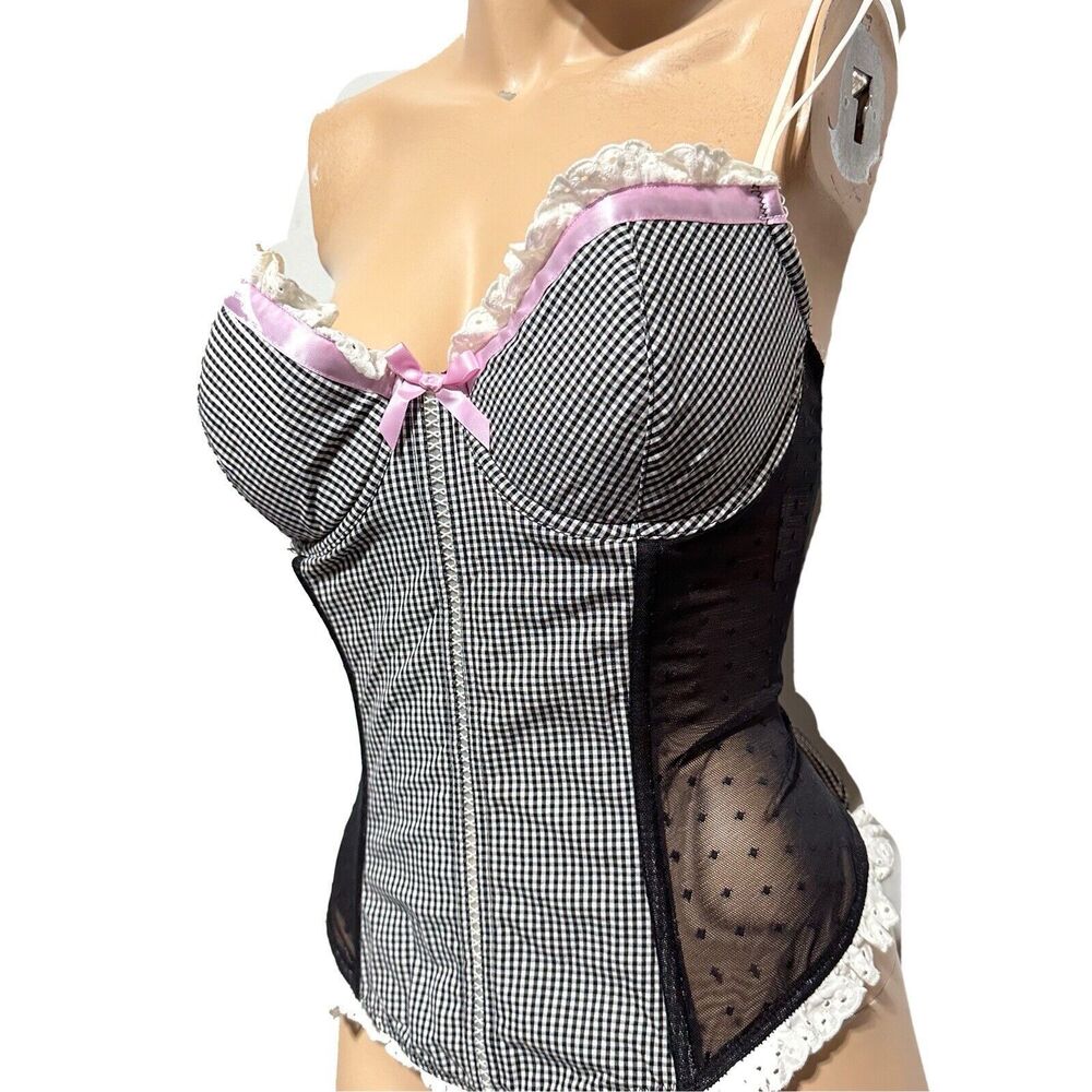 Smart & Sexy Corset Top 38C Mesh Black White Checkered Gingham Pink Bow NWT